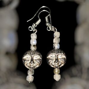 Silver Moon Face Czech Glass And Moonstones Earrings